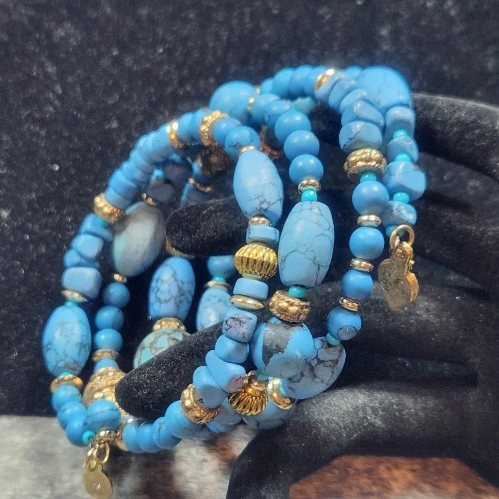 Chicos Blue Turquoise  color Multi Strand Wrap Bracelet Gold Tone Accents
